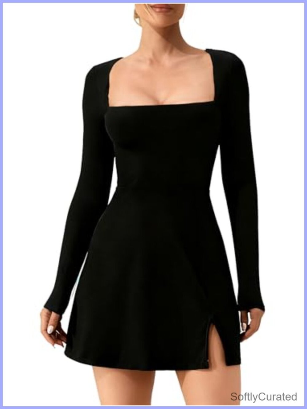 Women Long Sleeve Square Neck Split Hem Bodycon Mini Club Party Dress